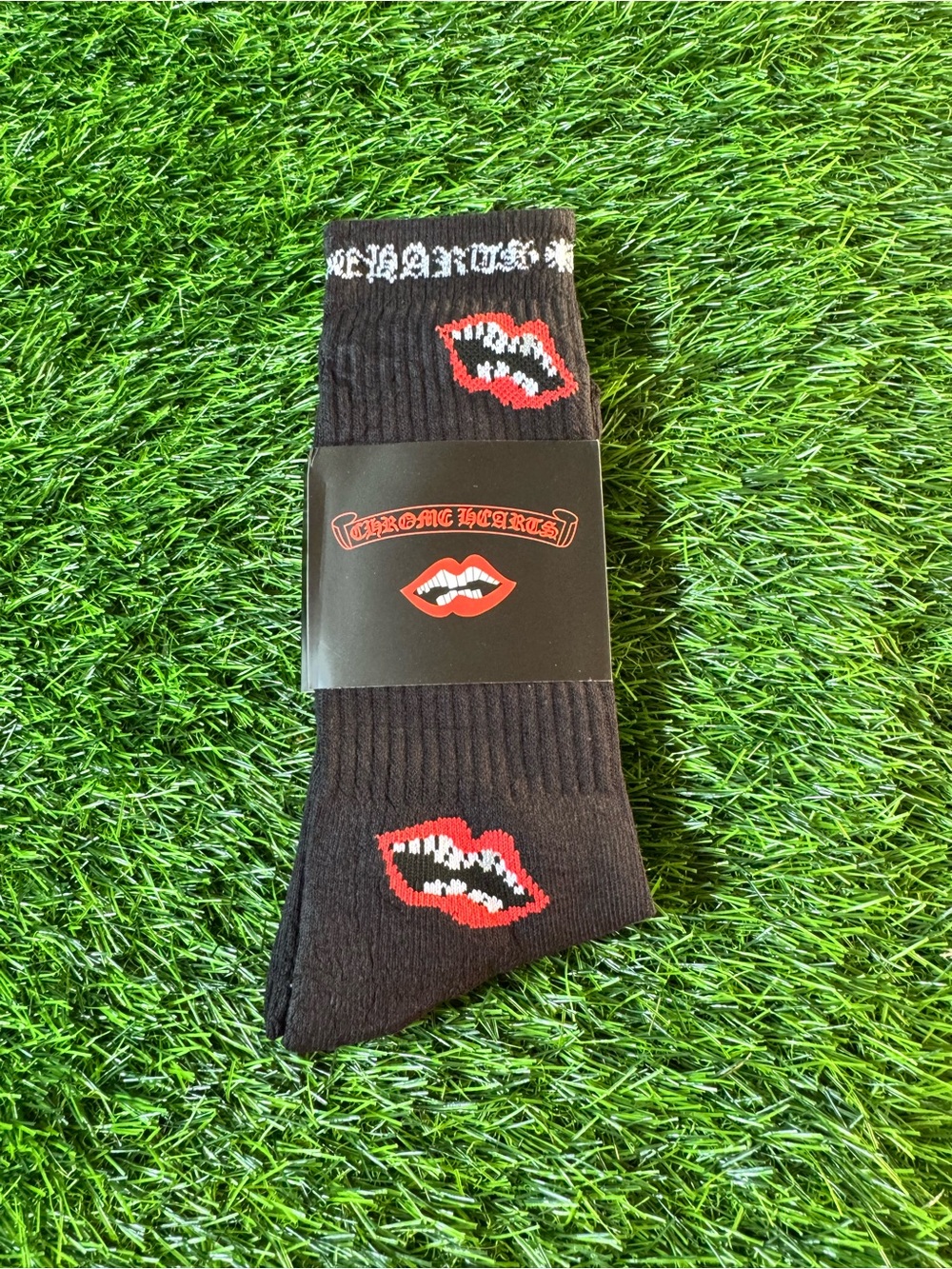 Chrome Hearts Black Crew Socks with Red Lip Graphic